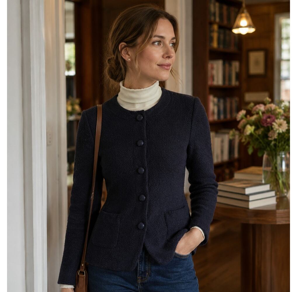 GAP Navy Blue Textured Knit Lady Jacket Small Fitted Waist Old Money Teacher